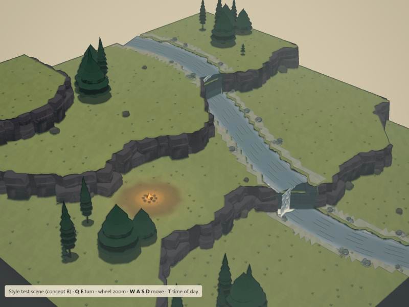 In-game style test of terraces, a river and a campfire