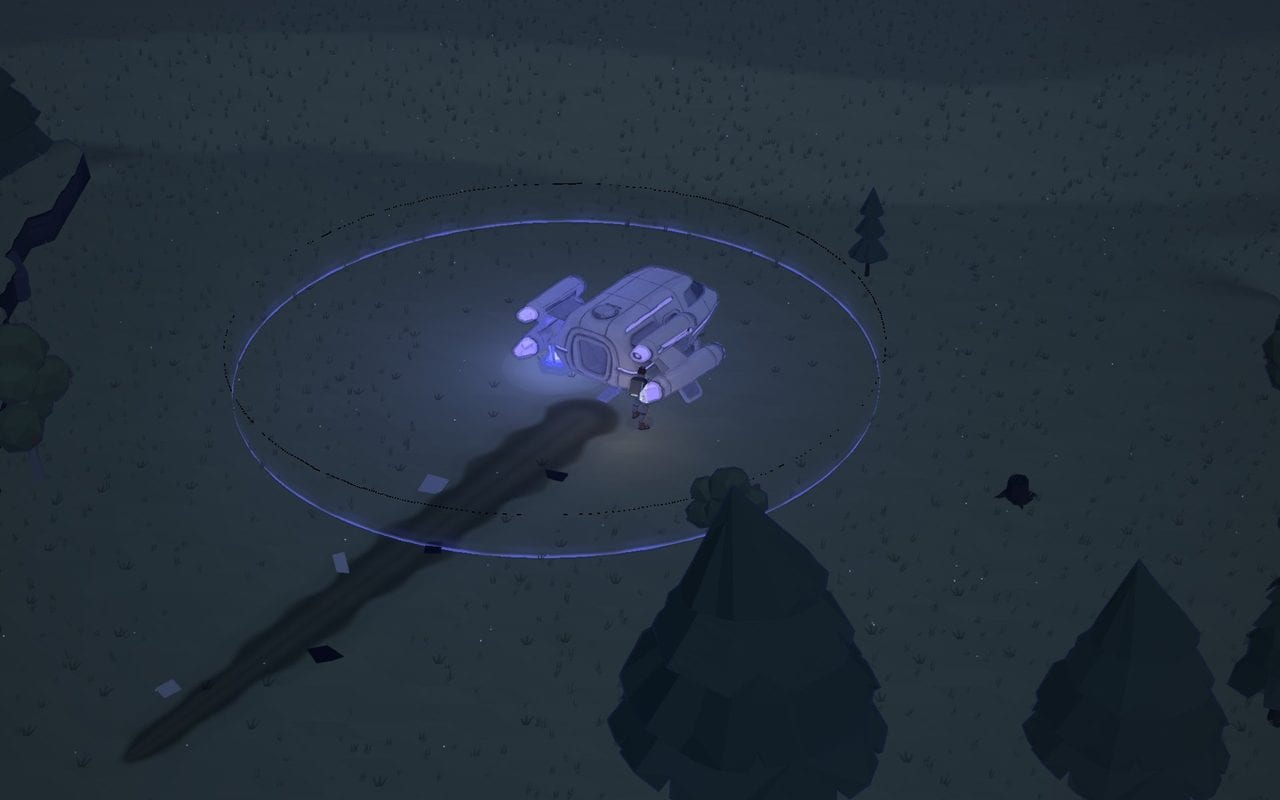 At night, Explorer 62 stands beside her pod inside the blue ring of the ward