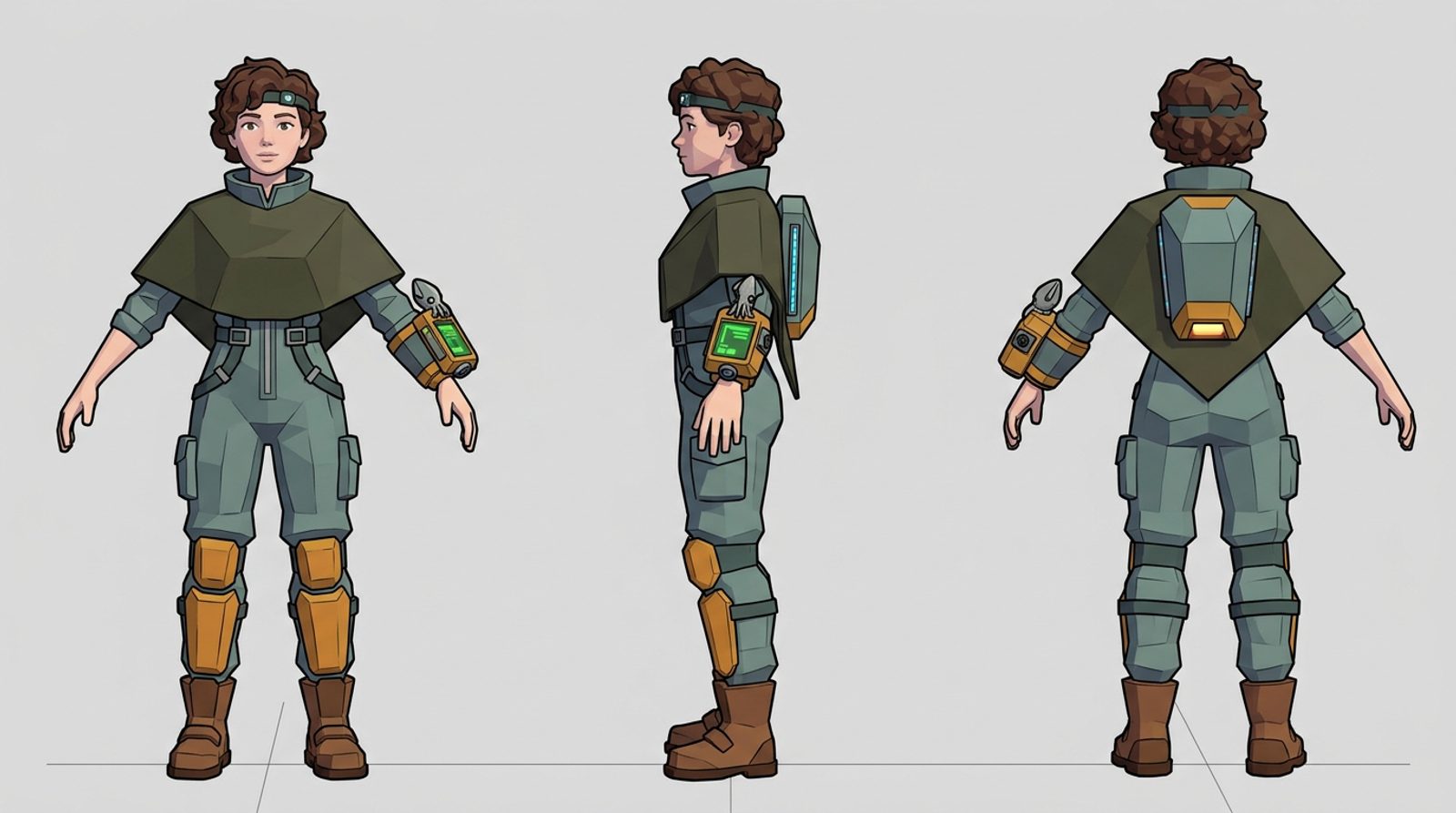 Character turnaround of Explorer 62 from the front, side and back, wearing a teal flight suit, olive poncho, ochre knee guards and a wrist multi-tool