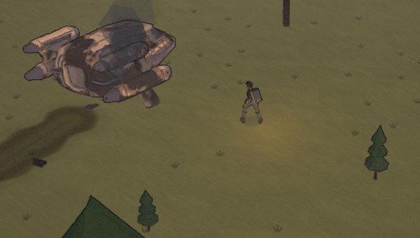 Explorer 62 stands in the meadow beside her scarred, smoking pod