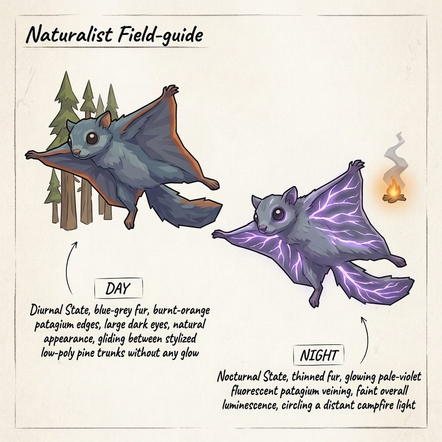 Field-guide sketch of the Pine Glider by day and by night