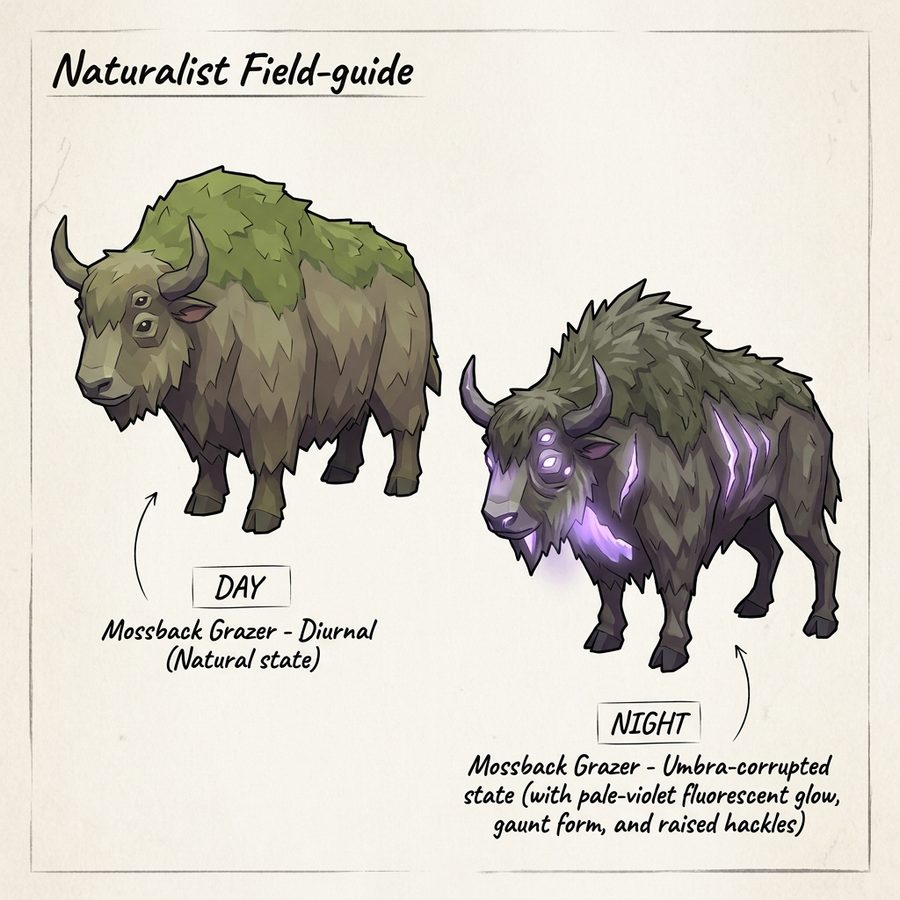 Field-guide sketch of the Mossback Grazer by day and by night