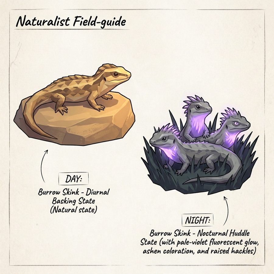 Field-guide sketch of the Burrow Skink by day and by night