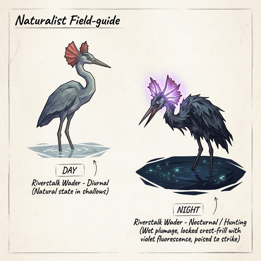 Field-guide sketch of the Riverstalk Wader by day and by night