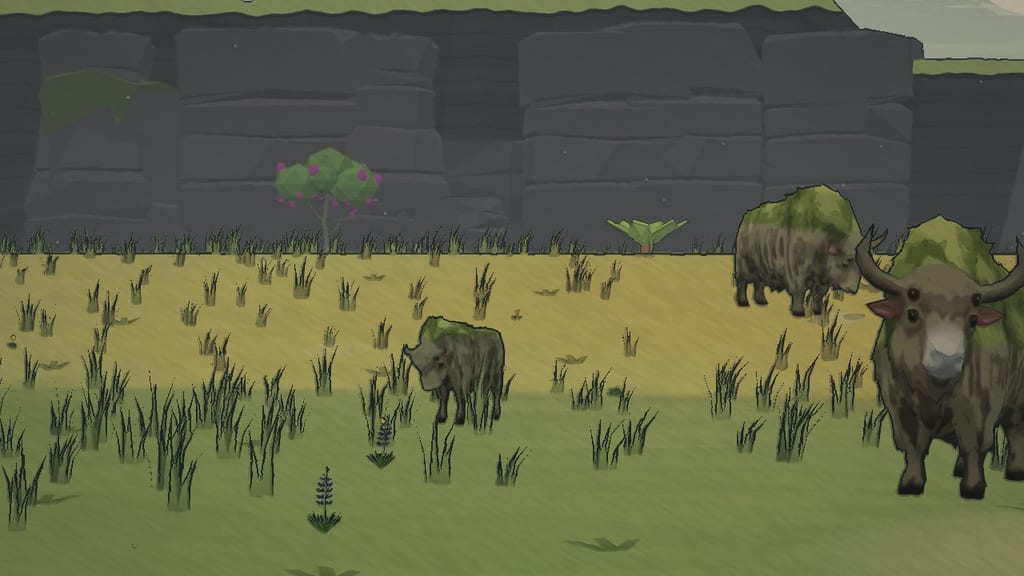 Three Mossback Grazers in a meadow below a cliff: a calf, an adult and the mossy eldest