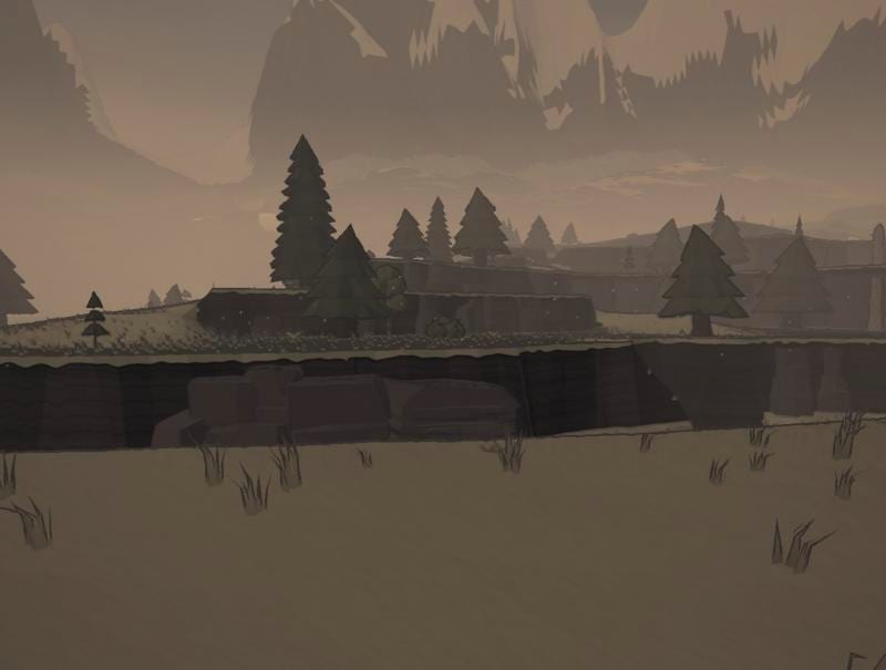 A hollow by the water below pines and peaks, with no mist