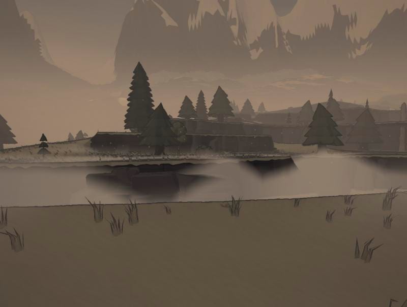 The same hollow on a still dawn, filled with flat-topped mist
