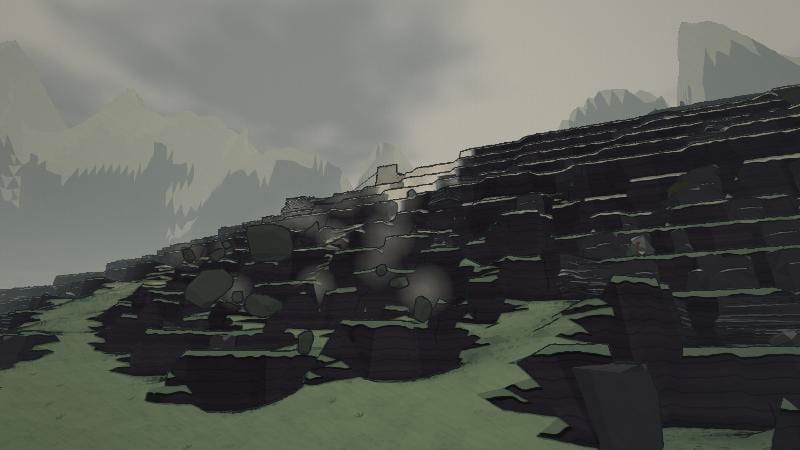 Dust rising as rock blocks tumble down dark terraces