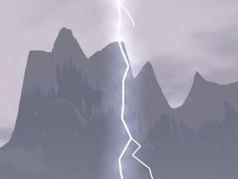 Lightning striking past grey crags