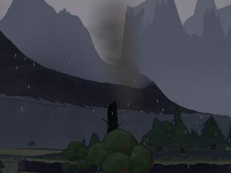A charred pine trunk below the cliffs, a column of smoke rising in the rain