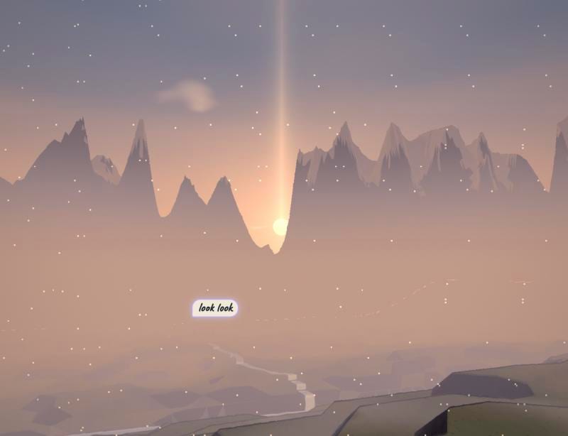 A pillar of light rising from the sun behind the peaks, ice glittering in the air