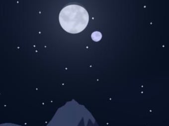 Two moons, one large and one small, side by side above a starlit ridge