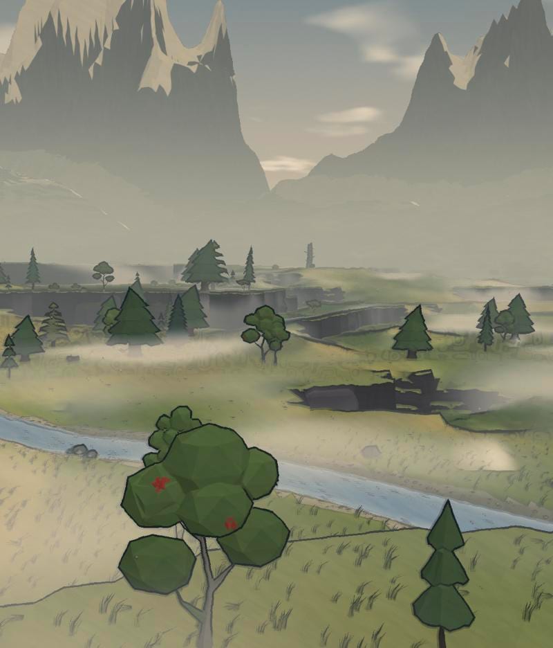 Steam rising from the meadows by the river, peaks beyond