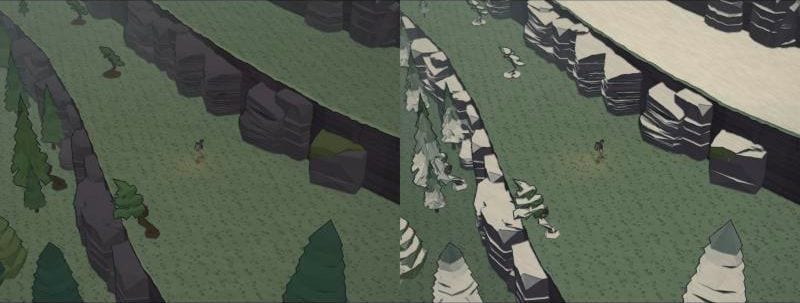 The same ledge from above on day 5, green, and on day 21, with snow on the rocks and trees