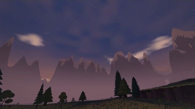 The same view at dusk, the sky violet and the first stars out