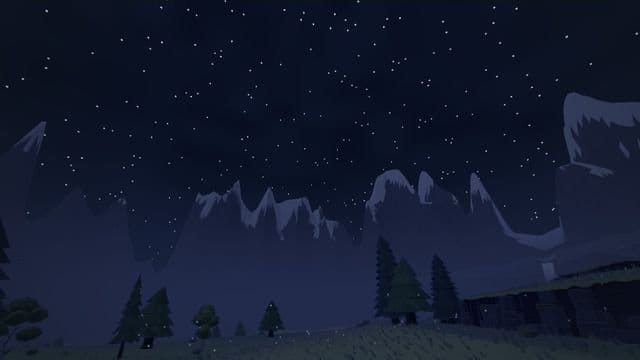 The same view on a clear night, full of stars, the peaks in moonlit blue