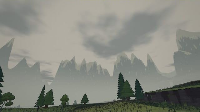 The same view in rain, the peaks greyed by falling streaks