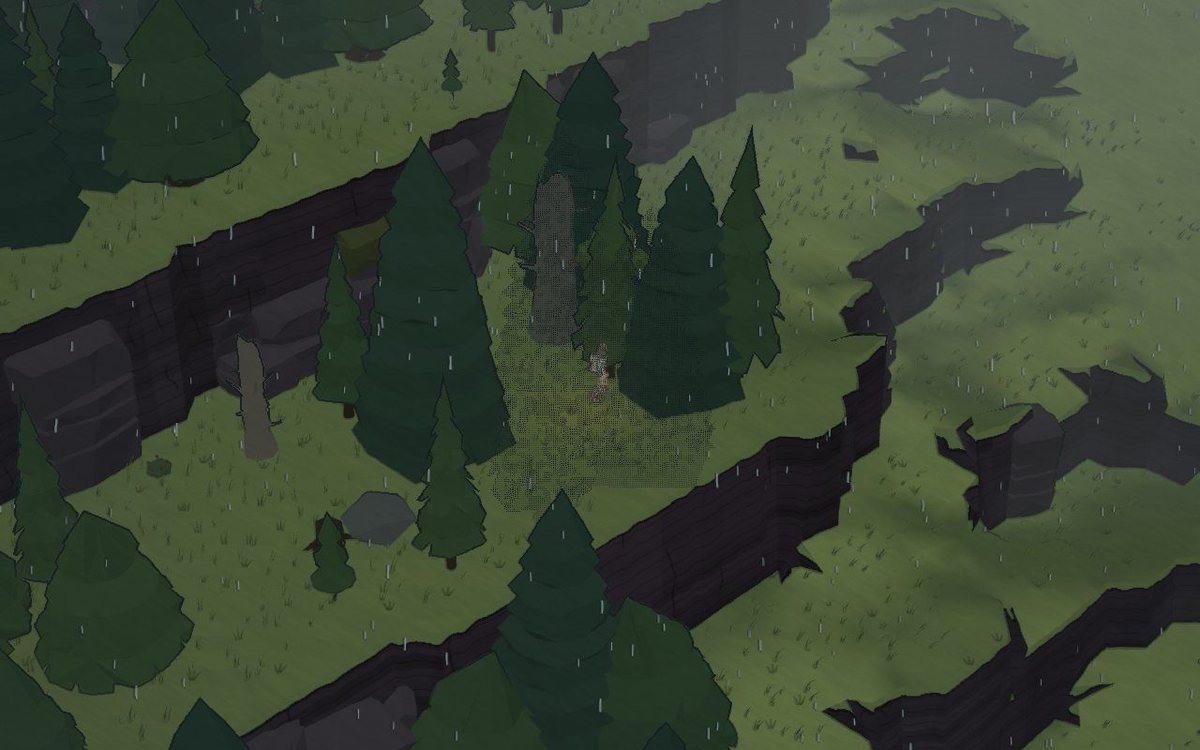 A dense pine grove on a terrace, seen from above in falling rain