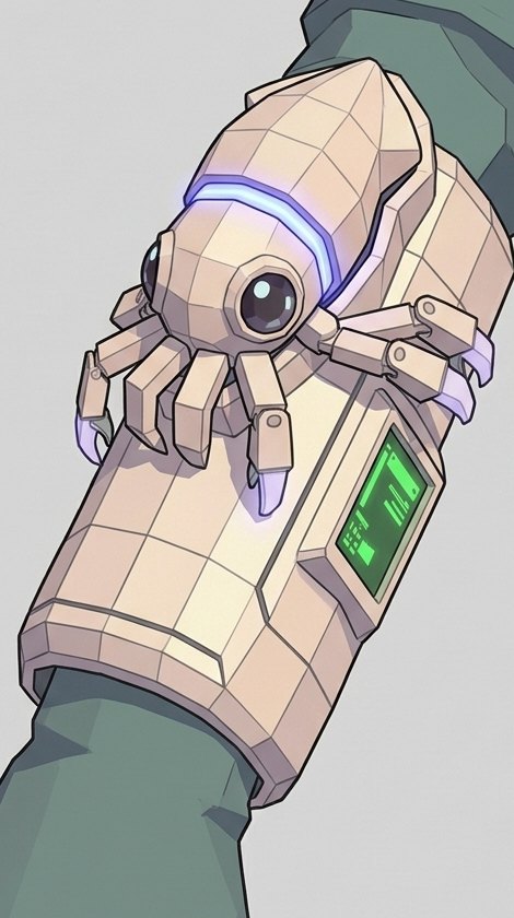 Concept art of Nib docked in his cradle, a pale faceted sleeve on her forearm with a green screen on its face and a blue-violet seam