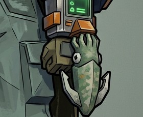 Early concept art: a squid-shaped grapple held at her wrist, below a boxy wrist unit with a green screen