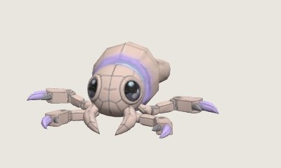 Nib's 3D model: a pale faceted body, two glossy eyes, the violet band and lavender claw tips