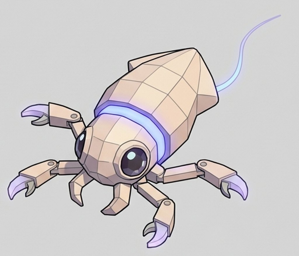 Concept art of Nib, a small faceted nanosquid with one big glossy eye, a glowing blue-violet band around his mantle and lavender-tipped claws, flying with a lit filament trailing behind