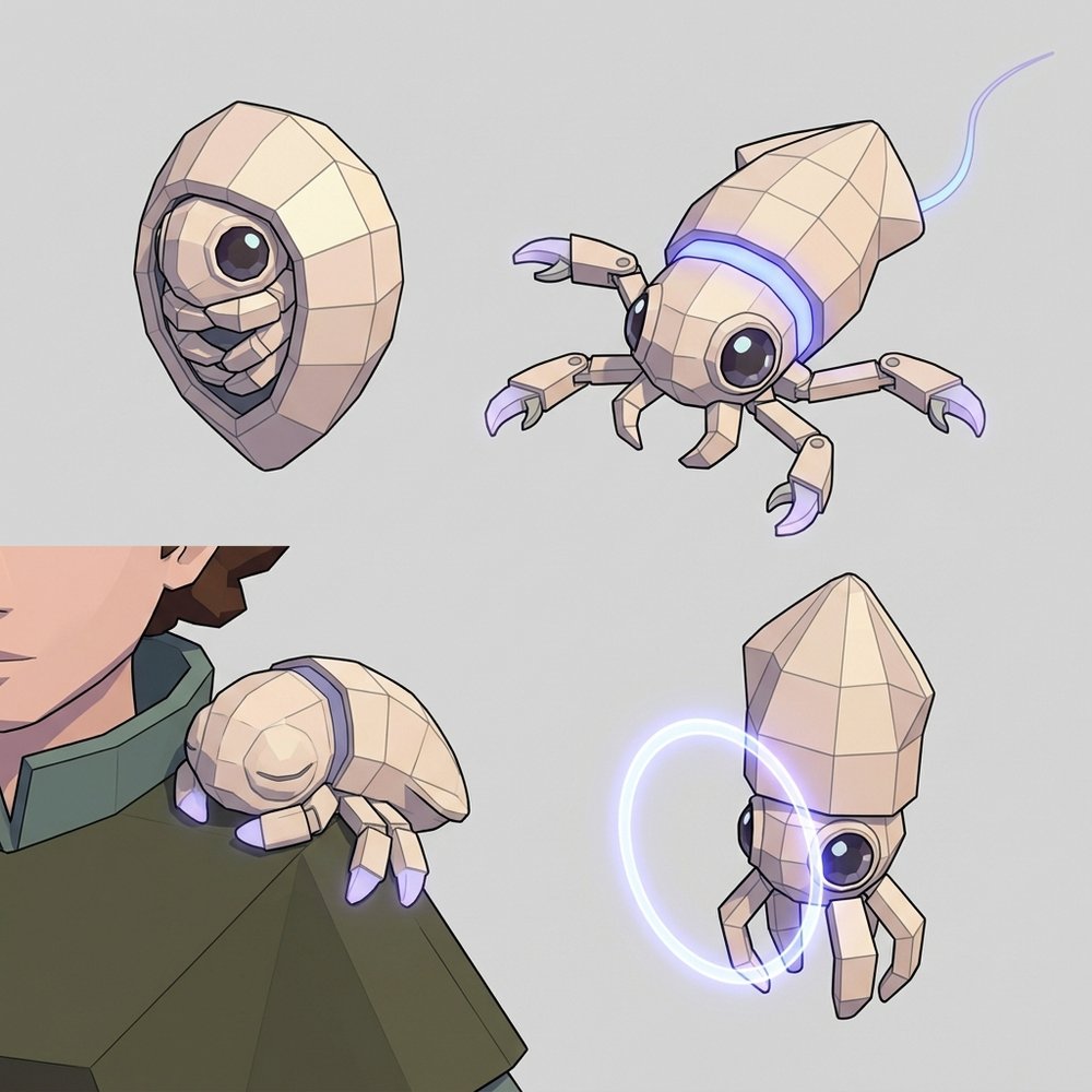 Four views of Nib: tucked into his shell, flying with claws out, curled asleep on her shoulder, and flaring a glowing ring of light