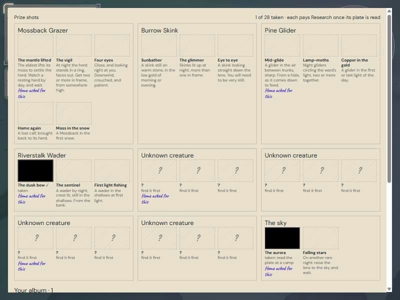 The album page of prize shots, a box for each species with pencil hints for the shots not yet taken