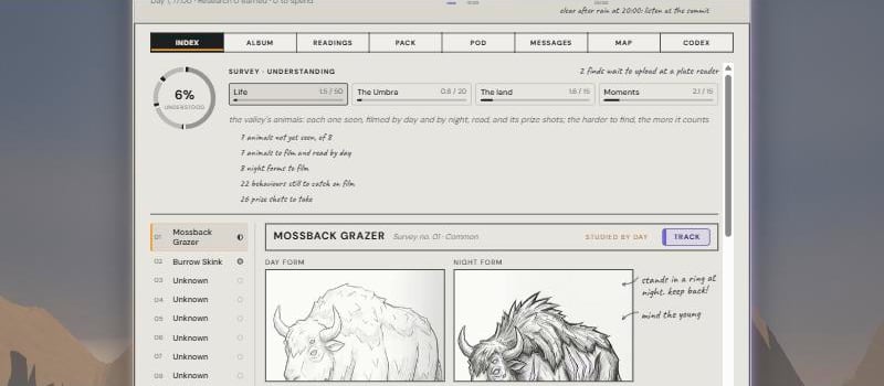 The slate's Survey page, showing 6% understood, its four strands, and pencil drawings of a Mossback by day and by night
