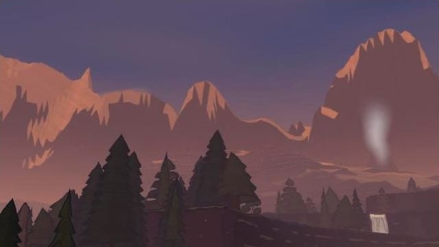 Mountains glowing pink and orange above dark pines after sunset