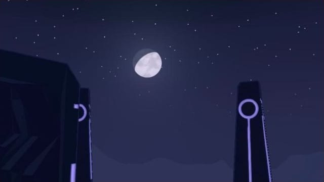 A bright moon rising between two dark standing stones with glowing rings