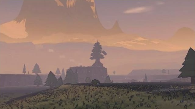 A lone old pine standing above a pale band of dawn mist