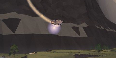 The pod trails smoke as it drops toward the valley floor