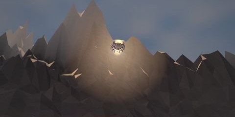 A glowing pod streaks down past jagged mountain peaks at dusk