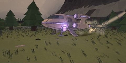The pod slams down on the meadow among the pines, engines glowing violet