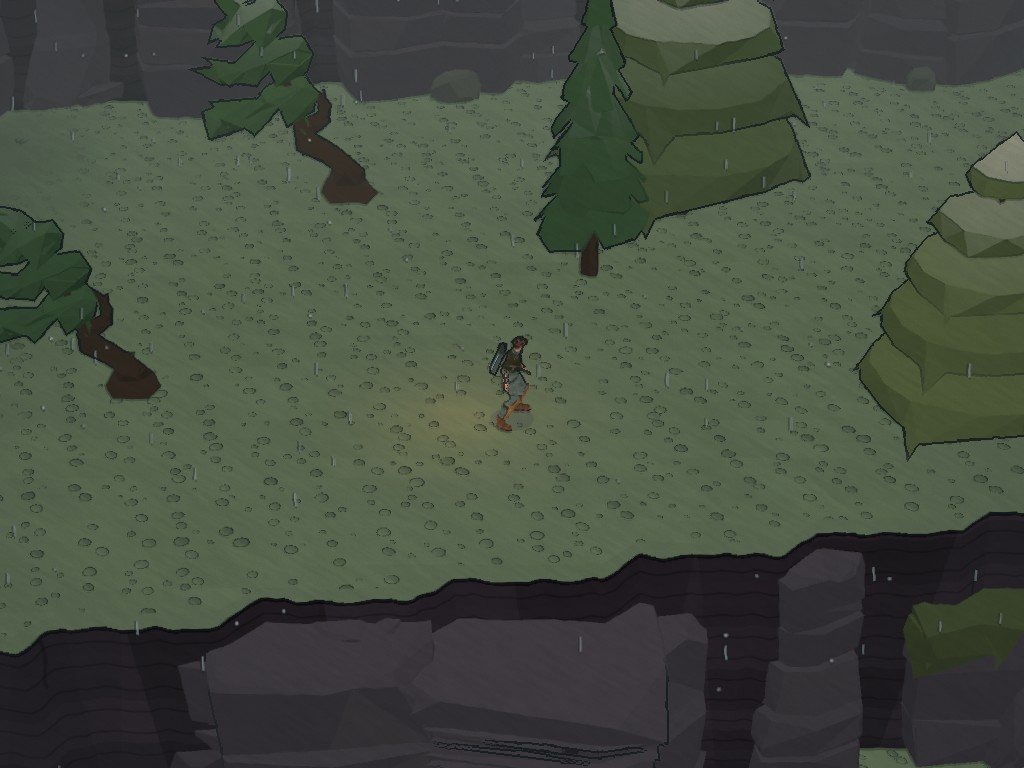 Explorer 62 crosses a high grassy plateau in the rain, between windswept pines and dark cliffs