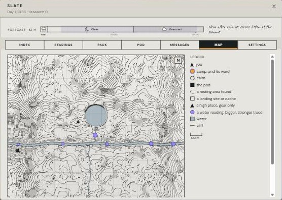 The slate's map: a contour drawing of the valley with the river, a lake and violet water-reading markers