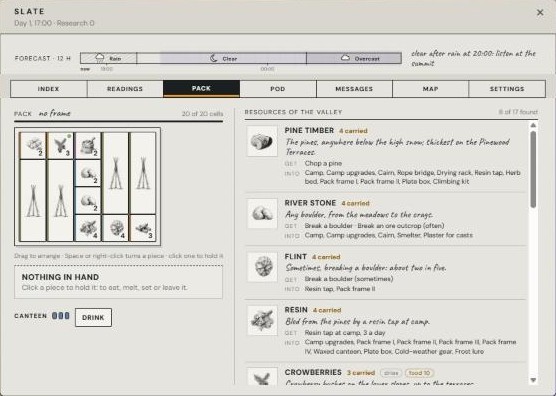 The slate's pack page: a grid of carried items beside a list of the valley's resources with pencil drawings