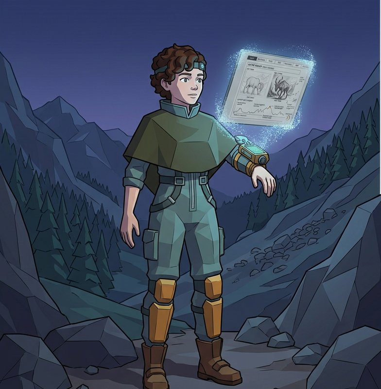 Concept art of Explorer 62 in a moonlit mountain pass, a glowing paper-grey panel projected from her wrist unit