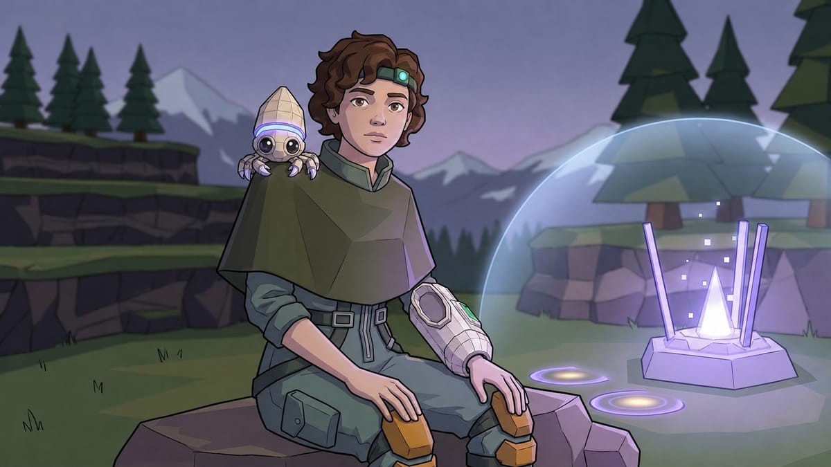 Illustration of Explorer 62 sitting on a rock outside her camp at dusk, Nib perched on her shoulder, the camp&rsquo;s crystal hearth glowing violet beside her