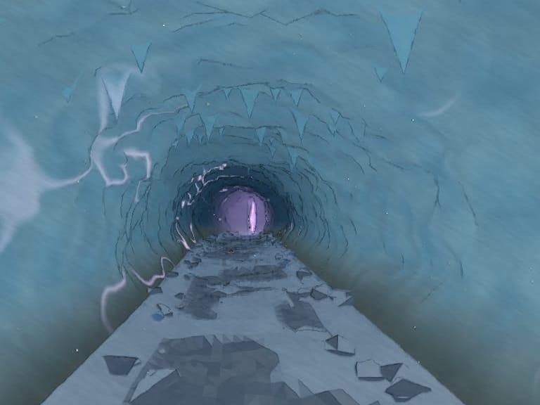 A tunnel of blue ice leading to a violet glow