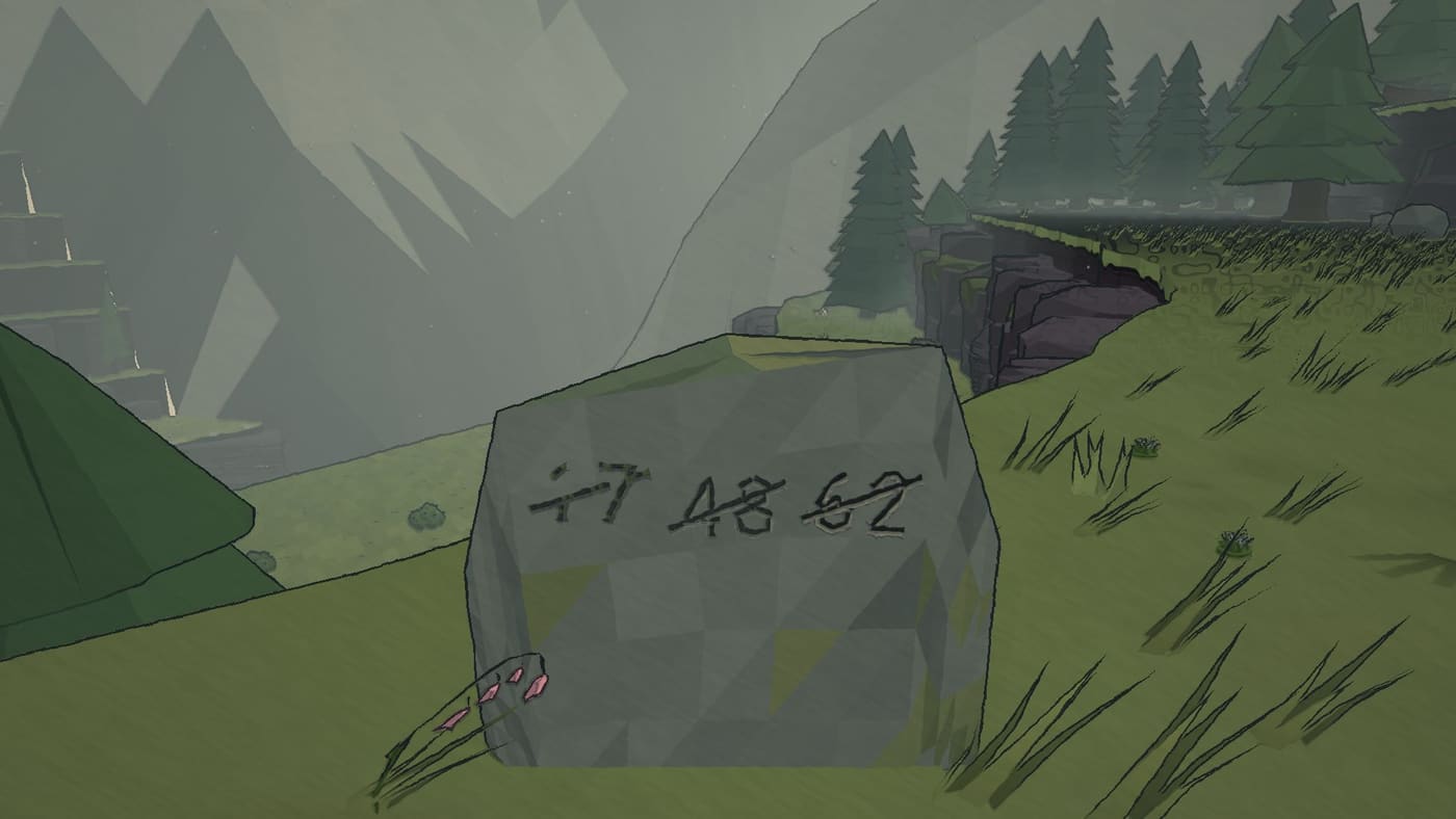A grey stone on a grassy ledge with the numbers 17, 48 and 62 cut into it and struck through