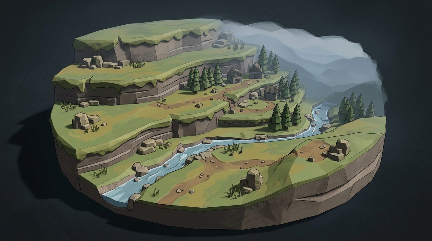 Concept art of the meadows with worn paths and boulders