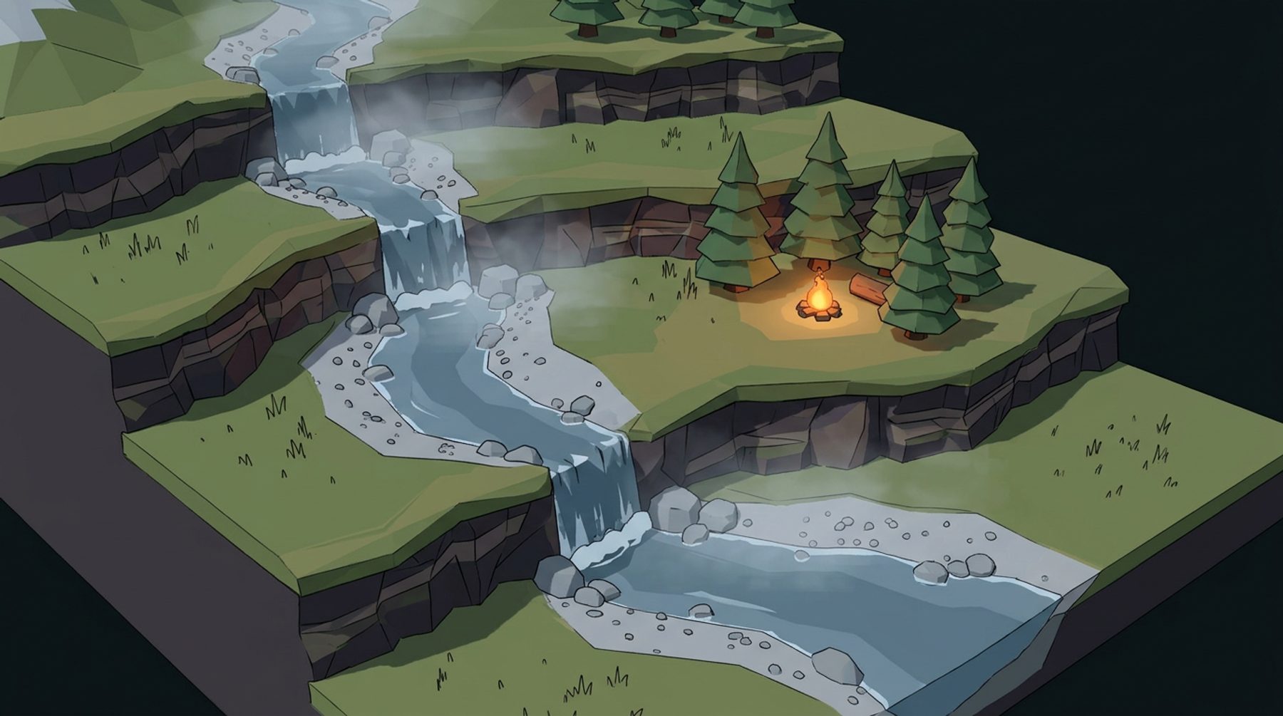 Concept art of the valley: terraced grassy plates, a stepped river with waterfalls, pines and a campfire