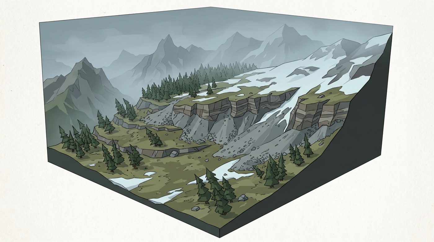 Concept art of the upper valley at the treeline, with scree, snow and misty peaks